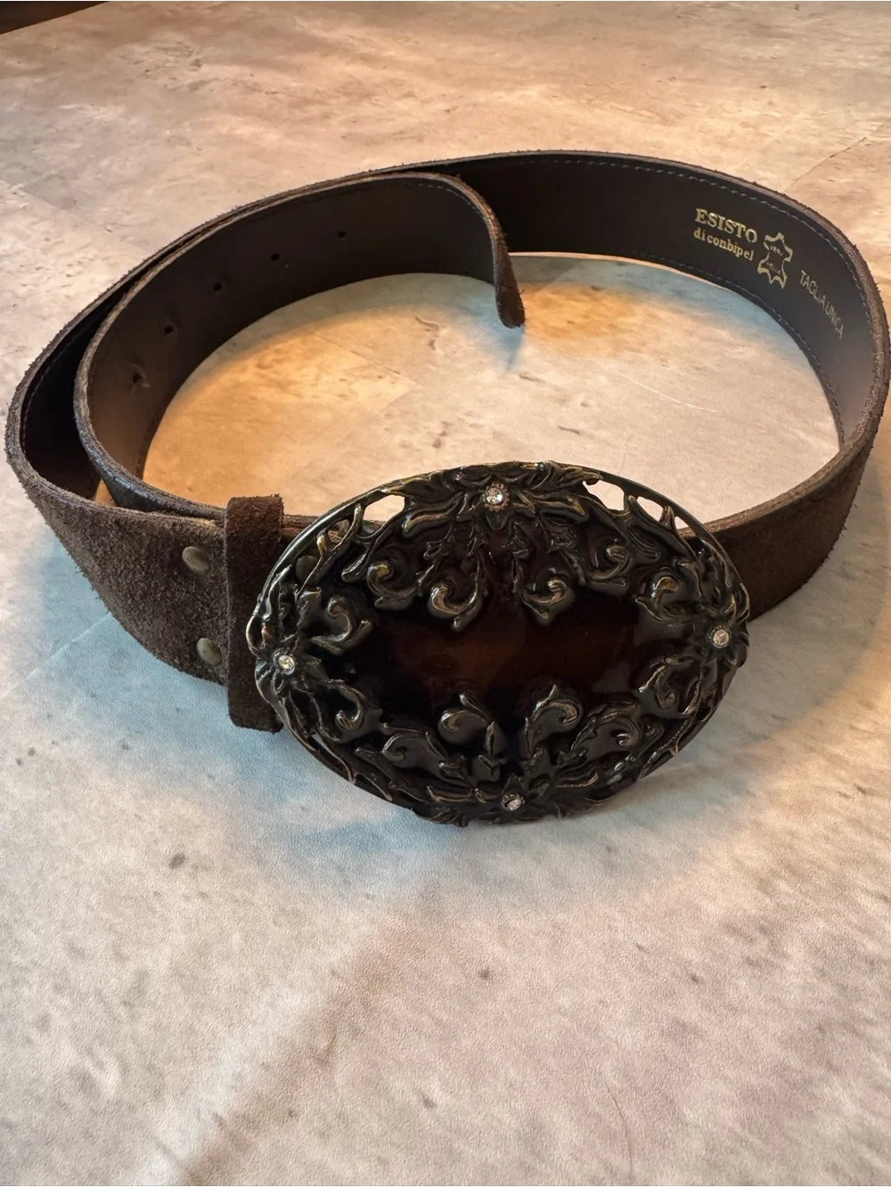 Italian Leather Women's Brown Suede Belt with Ornate Silver Buckle
